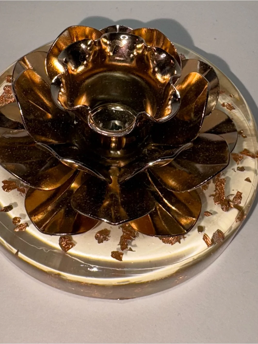 Vintage Lucite Candle Holder Gold Toned Rose Flower Gold Flecks 3” MCM